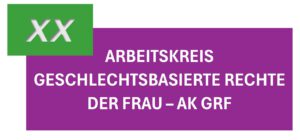Das Logo des Arbeitskreises Geschlechtsbasierte Rechte Der Frau (AK GRF) in weiß auf lila UNtergrund. Oben lins in grün ein XX